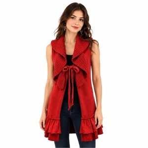 HANDKNIT Red Boho Chic Ruffle Chunky Knit Longline Tie Front Cardigan Sz SM
